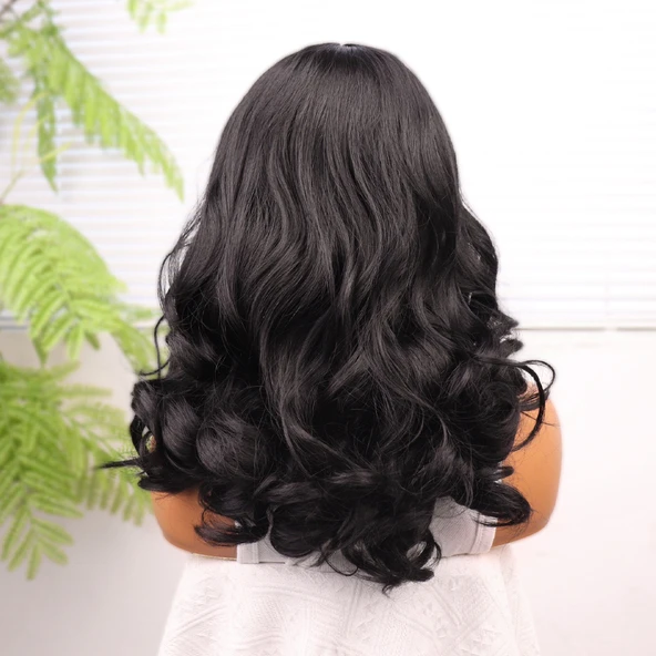 Siyah Bebek Saçlı Geniş Dalgalı Fiber Sentetik Tül Peruk - Resim 5