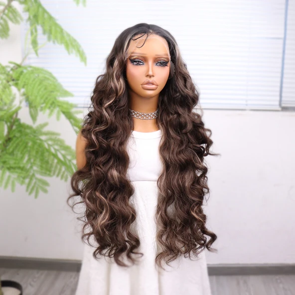 Koyu Kestane Açık Kumral Ombreli Balköpüğü Işıltılı Fiber Sentetik Tül Peruk - Resim 3