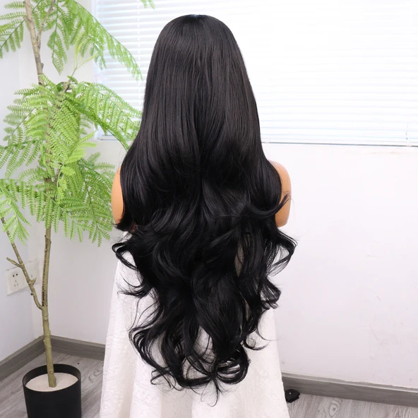 Siyah Renk Bebek Saçlı Fiber Sentetik Tül Peruk - Resim 5