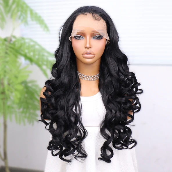 Siyah Bebek Saçlı Fiber Sentetik Yoğun Dalgalı Tül Peruk - Resim 2