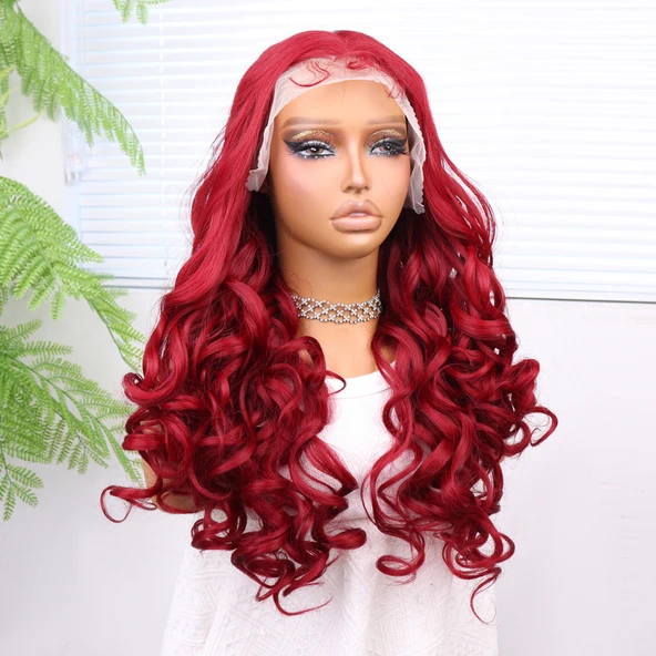Kızıl Bebek Saçlı Fiber Sentetik Dalgalı Tül Peruk - Resim 3