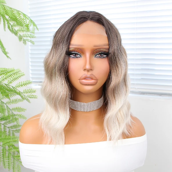 Kahverengi Bebek Kumralı Beyaz Platin Ombre Küt Tül Peruk - Resim 2