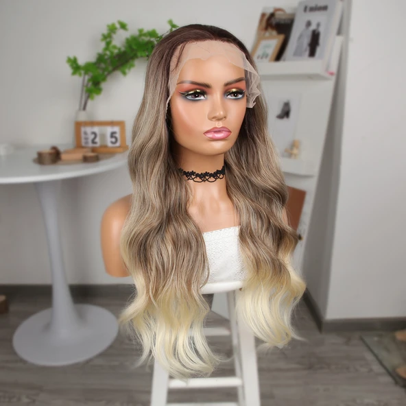 Bebek Kumralı Platin Ombre  ve Röfleli Fiber Sentetik Geniş Dalgalı Tül Peruk - Resim 3