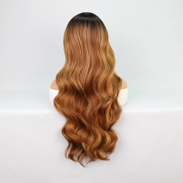 Siyah Karamel Balköpüğü Ombre Fiber Sentetik Geniş Dalgalı Tül Peruk - Resim 5