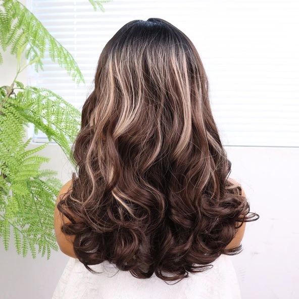 Açık Kahve Balköpüğü Işıltılı Bebek Saçlı Geniş Dalgalı Fiber Sentetik Tül Peruk - Resim 5