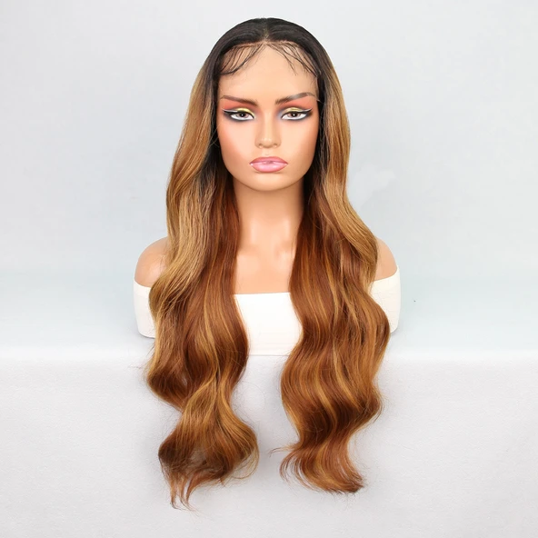 Siyah Karamel Balköpüğü Ombre Fiber Sentetik Geniş Dalgalı Tül Peruk - Resim 2