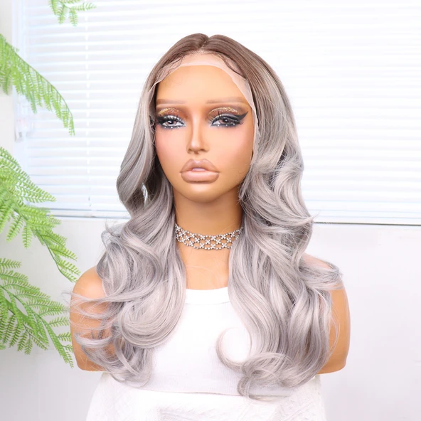 Açık Kumral Gri Ombreli Bebek Saçlı Fiber Sentetik Tül Peruk - Resim 4