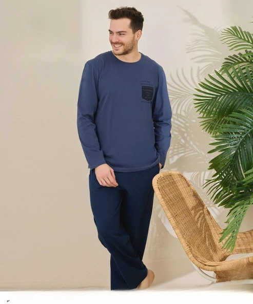 Pijamoni Erkek Pamuklu Bisiklet Yaka Uzun Kol İnce Pijama Takımı 6150/8 - 1 Adet  2XL Mavi ürün görseli