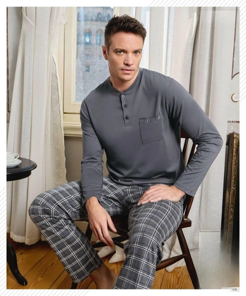 Pijamoni Erkek Düğme Yaka Uzun Kol Mevsimlik Pijama Takımı 6800/11 - 1 Adet  XL Füme