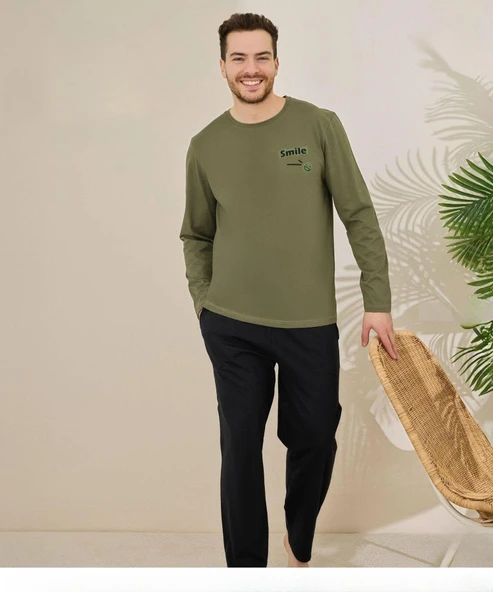 Pijamoni Erkek Pamuklu Bisiklet Yaka Uzun Kol İnce Pijama Takımı 6150/1 - 1 Adet  XL Haki
