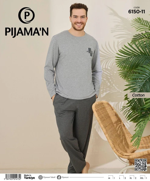 Pijamoni Erkek Pamuklu Bisiklet Yaka Uzun Kol İnce Pijama Takımı 6150/11 - 1 Adet  L Gri - Resim 2