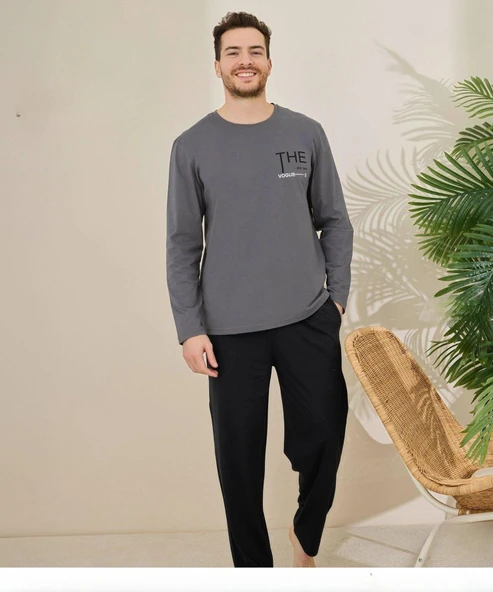 Pijamoni Erkek Pamuklu Bisiklet Yaka Uzun Kol İnce Pijama Takımı 6150/10 - 1 Adet  2XL Füme