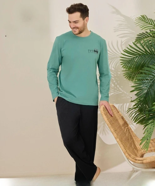 Pijamoni Erkek Pamuklu Bisiklet Yaka Uzun Kol İnce Pijama Takımı 6150/5 - 1 Adet  2XL Su Yeşil ürün görseli 1