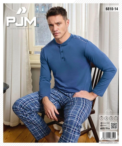 Pijamoni Erkek Düğme Yaka Uzun Kol Mevsimlik Pijama Takımı 6810/14 - 1 Adet  L Mavi - Resim 2