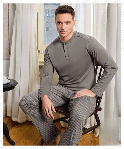 Pijamoni Erkek Düğme Yaka Uzun Kol Mevsimlik Pijama Takımı 6810/12 - 1 Adet  M Gri