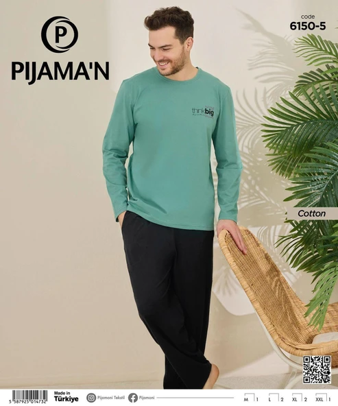 Pijamoni Erkek Pamuklu Bisiklet Yaka Uzun Kol İnce Pijama Takımı 6150/5 - 1 Adet  M Su Yeşil - 2
