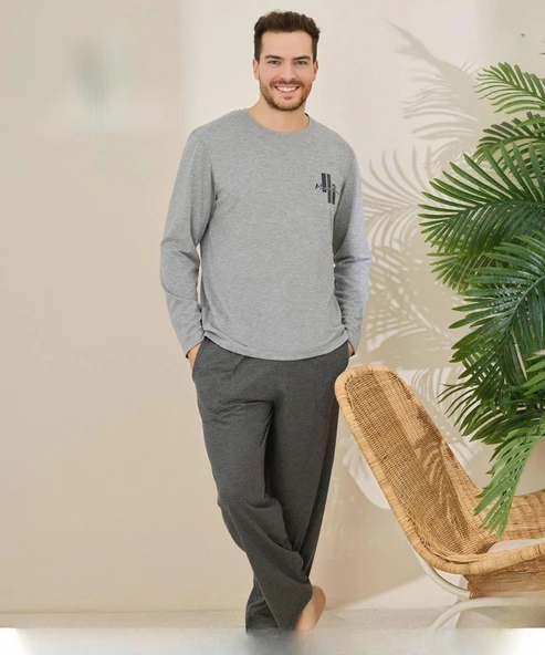 Pijamoni Erkek Pamuklu Bisiklet Yaka Uzun Kol İnce Pijama Takımı 6150/11 - 1 Adet  L Gri