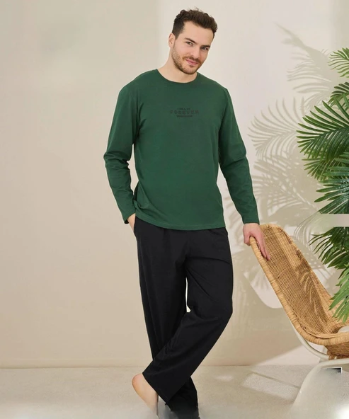 Pijamoni Erkek Pamuklu Bisiklet Yaka Uzun Kol İnce Pijama Takımı 6150/14 - 1 Adet  M Yeşil