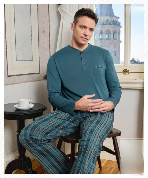 Pijamoni Erkek Düğme Yaka Uzun Kol Mevsimlik Pijama Takımı 6800/10 - 1 Adet  M Petrol