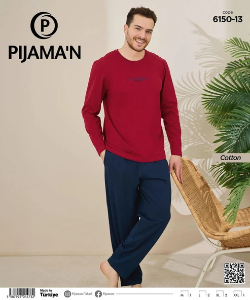 Pijamoni Erkek Pamuklu Bisiklet Yaka Uzun Kol İnce Pijama Takımı 6150/13 - 1 Adet  2XL Kırmızı - 2