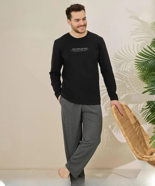Pijamoni Erkek Pamuklu Bisiklet Yaka Uzun Kol İnce Pijama Takımı 6150/20 - 1 Adet  XL Siyah
