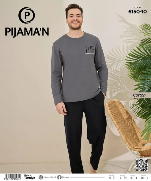 Pijamoni Erkek Pamuklu Bisiklet Yaka Uzun Kol İnce Pijama Takımı 6150/10 - 1 Adet  XL Füme - 2