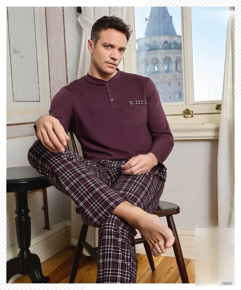 Pijamoni Erkek Düğme Yaka Uzun Kol Mevsimlik Pijama Takımı 6800/9 - 1 Adet  M Mürdüm