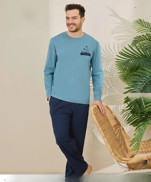 Pijamoni Erkek Pamuklu Bisiklet Yaka Uzun Kol İnce Pijama Takımı 6150/4 - 1 Adet  2XL Açık Mavi