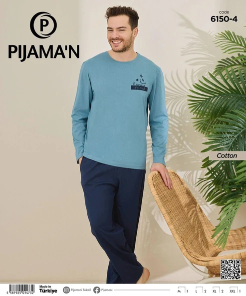 Pijamoni Erkek Pamuklu Bisiklet Yaka Uzun Kol İnce Pijama Takımı 6150/4 - 1 Adet  XL Açık Mavi - Resim 2