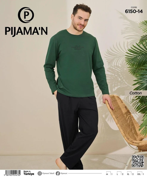 Pijamoni Erkek Pamuklu Bisiklet Yaka Uzun Kol İnce Pijama Takımı 6150/14 - 1 Adet  L Yeşil - Resim 2