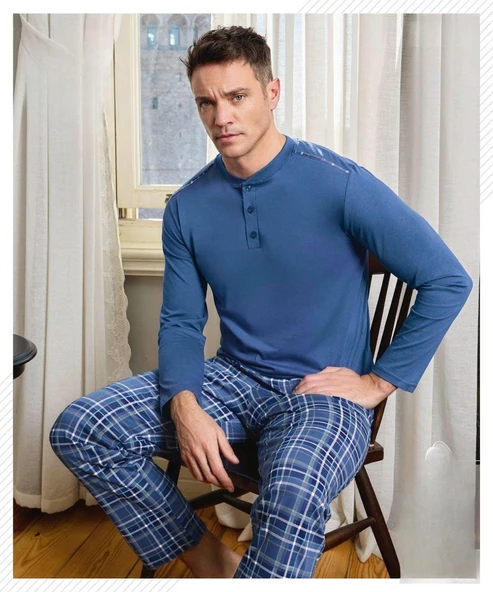 Pijamoni Erkek Düğme Yaka Uzun Kol Mevsimlik Pijama Takımı 6810/14 - 1 Adet  L Mavi