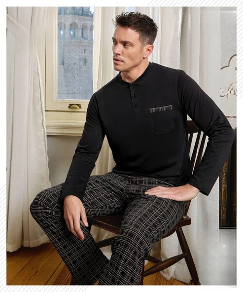 Pijamoni Erkek Düğme Yaka Uzun Kol Mevsimlik Pijama Takımı 6800/14 - 1 Adet  Siyah M