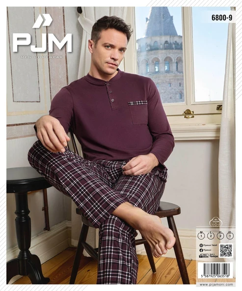 Pijamoni Erkek Düğme Yaka Uzun Kol Mevsimlik Pijama Takımı 6800/9 - 1 Adet  L Mürdüm - 2