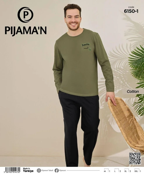 Pijamoni Erkek Pamuklu Bisiklet Yaka Uzun Kol İnce Pijama Takımı 6150/1 - 1 Adet  XL Haki - Resim 2