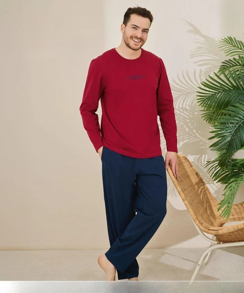 Pijamoni Erkek Pamuklu Bisiklet Yaka Uzun Kol İnce Pijama Takımı 6150/13 - 1 Adet  L Kırmızı
