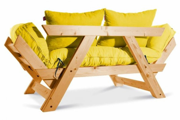 Mobildeco Kombin Wood Ahşap İki Kişilik Kanepe (Ceviz/Sarı) - 3