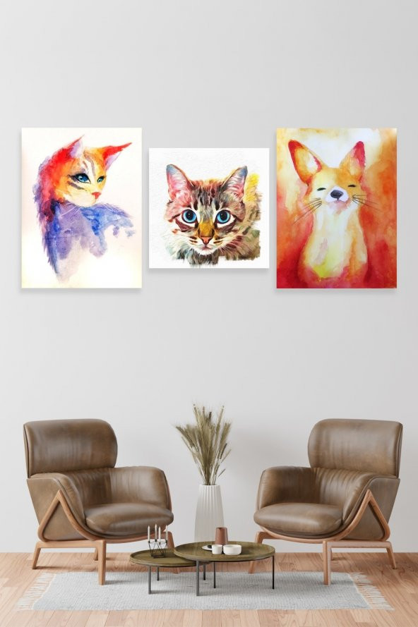 Düş Duvarı 3 Parça Yağlı boya Çizim Kedi Tilki Desenli MDF Duvar Tablosu