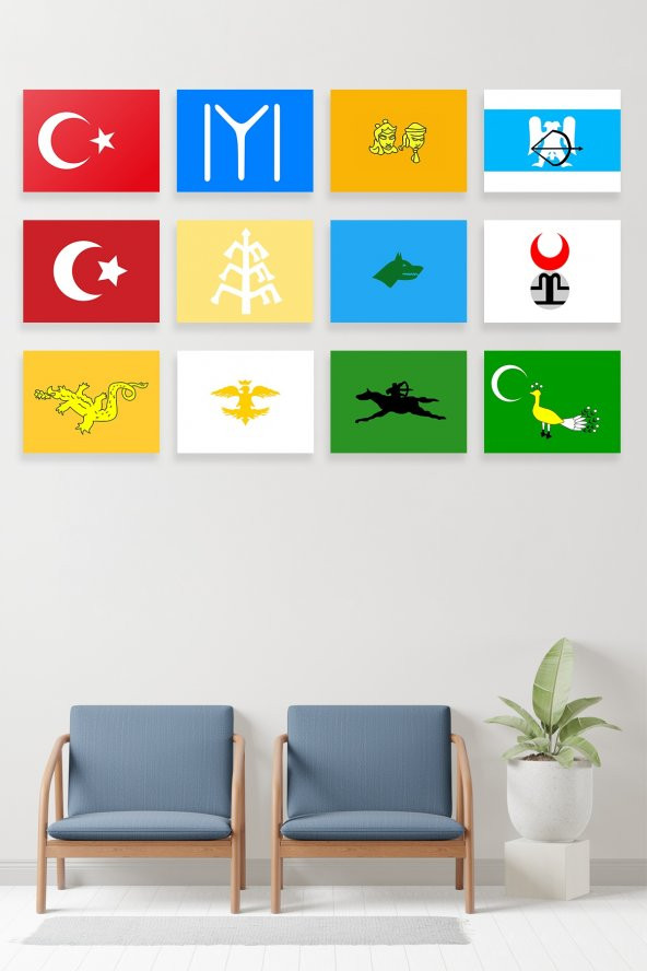 12 Parça Eski Türk Devletleri Bayrakları Desenli MDF Duvar Tablosu