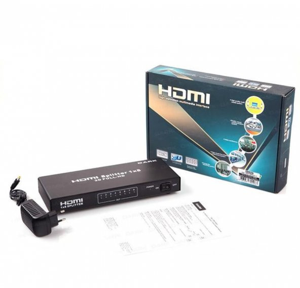 Dark Full HD 1 Giriş 8 Çıkışlı 3D HDMI v1.4 Splitter (Sinyal Çoklayıcı) (DK-HD-SP8X1) OUTLET
