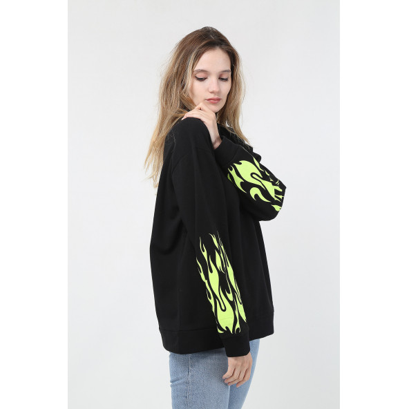 Mestia Kadın Yeşil Kolları Baskılı Sweatshirt - 3