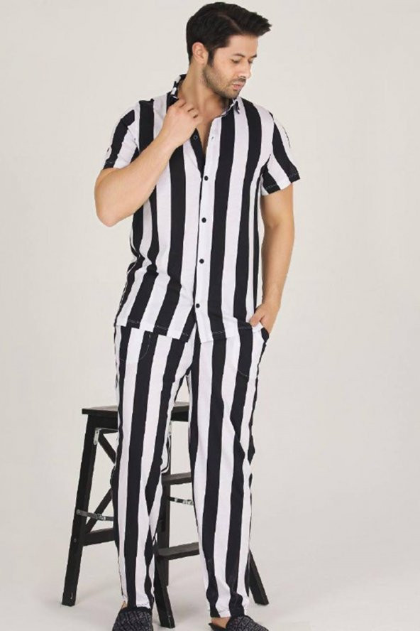 Modal Kumaş Siyah - Beyaz Çizgili Renkli Teknur 31502 Kısa Kol Önden Düğmeli Erkek  Pijama Takımı