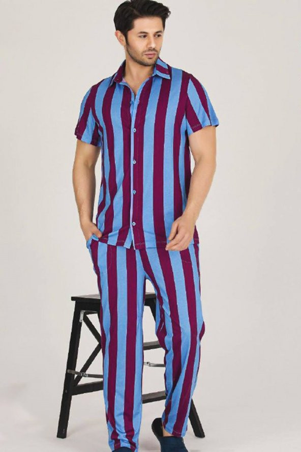 Modal Kumaş Bordo - Mavi Çizgili Renkli Teknur 31503 Kısa Kol Önden Düğmeli Erkek  Pijama Takımı
