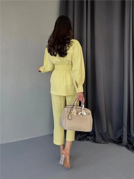 BEL BÜZGÜ DETAYLI PANTOLON - CEKET TAKIM KETEN - Sarı ürün görseli