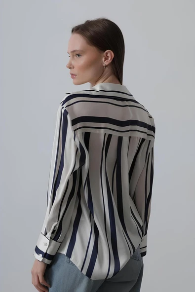 Beyaz Yakalı Çizgili Saten Uzun Kollu Gömlek - Resim 12