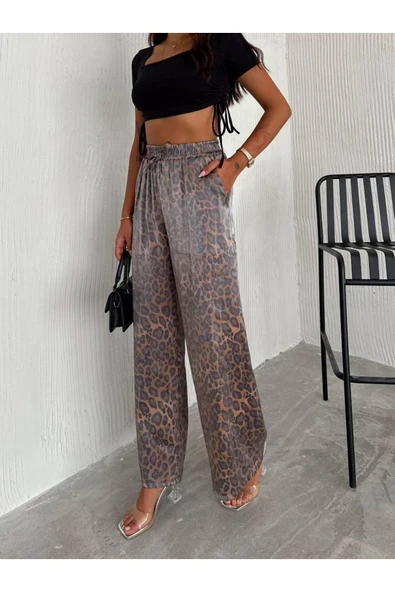 LEOPAR DESENLİ BELİ LASTİKLİ PARLAK PALOZZO PANTOLON - 9