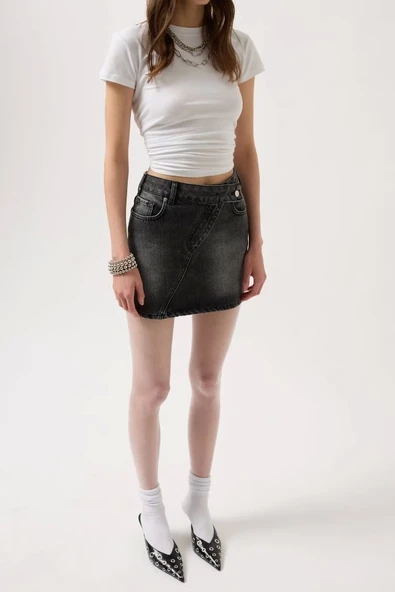 Asimetrik Kemer Denim Mini Etek - 3