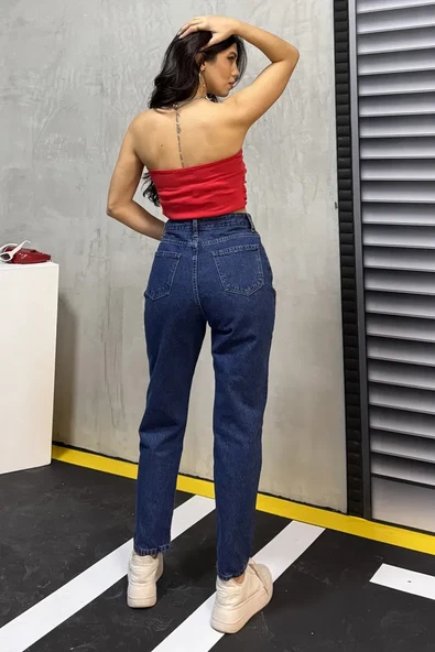 Düz Orta Kadın Mavi Slim Fit Mom pantolon - 2