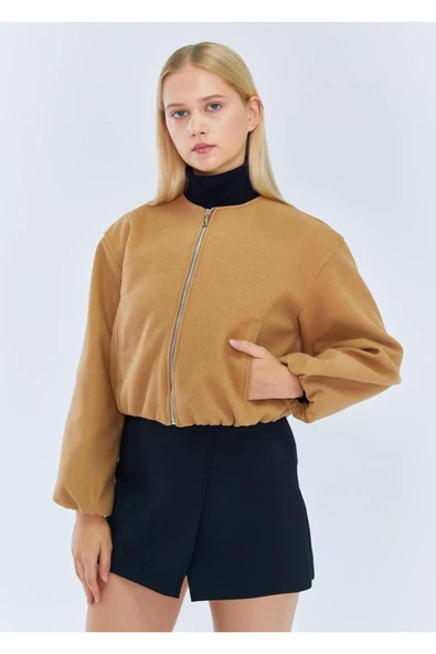 Kadın Fermuarlı Beli ve Kolu Lastikli Bomber Kaşe Ceket - 11