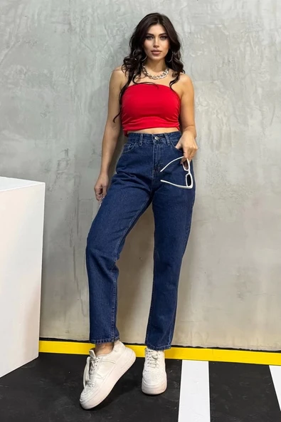 Düz Orta Kadın Mavi Slim Fit Mom pantolon - 5
