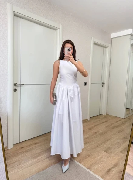 Sifir Kol Beli Oturtmalı Kolsuz Uzun Elbise - Beyaz - 4